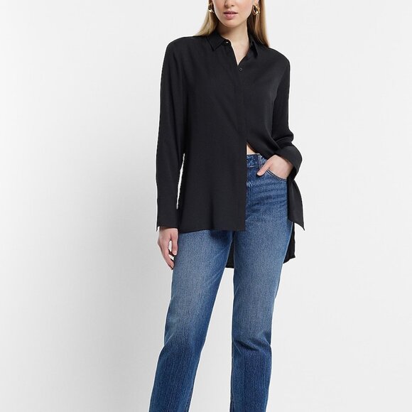 Express Women's Black Sheer Relaxed Tunic Portofino Shirt size Medium - Picture 5 of 5